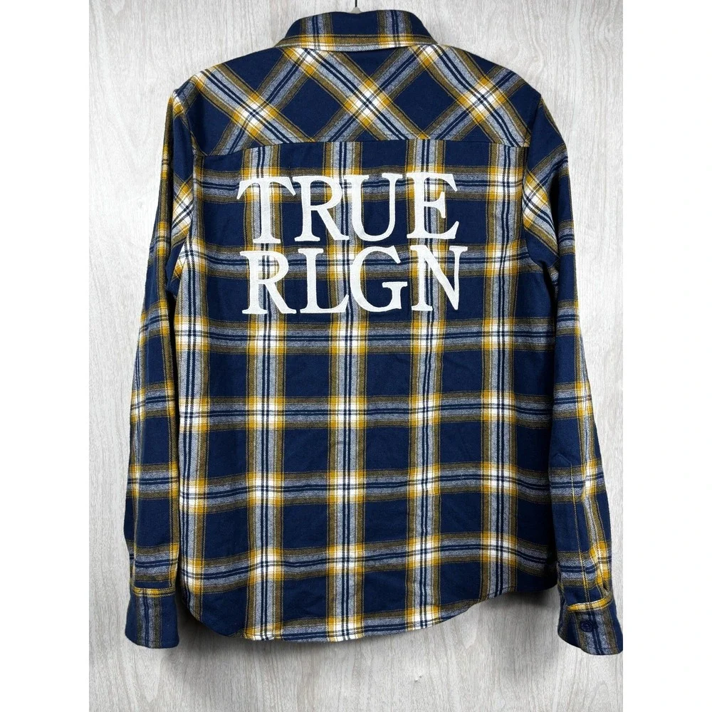 True Religion Flannel Shirt Mens M Blue Yellow Plaid Logo Back Streetwear Grunge